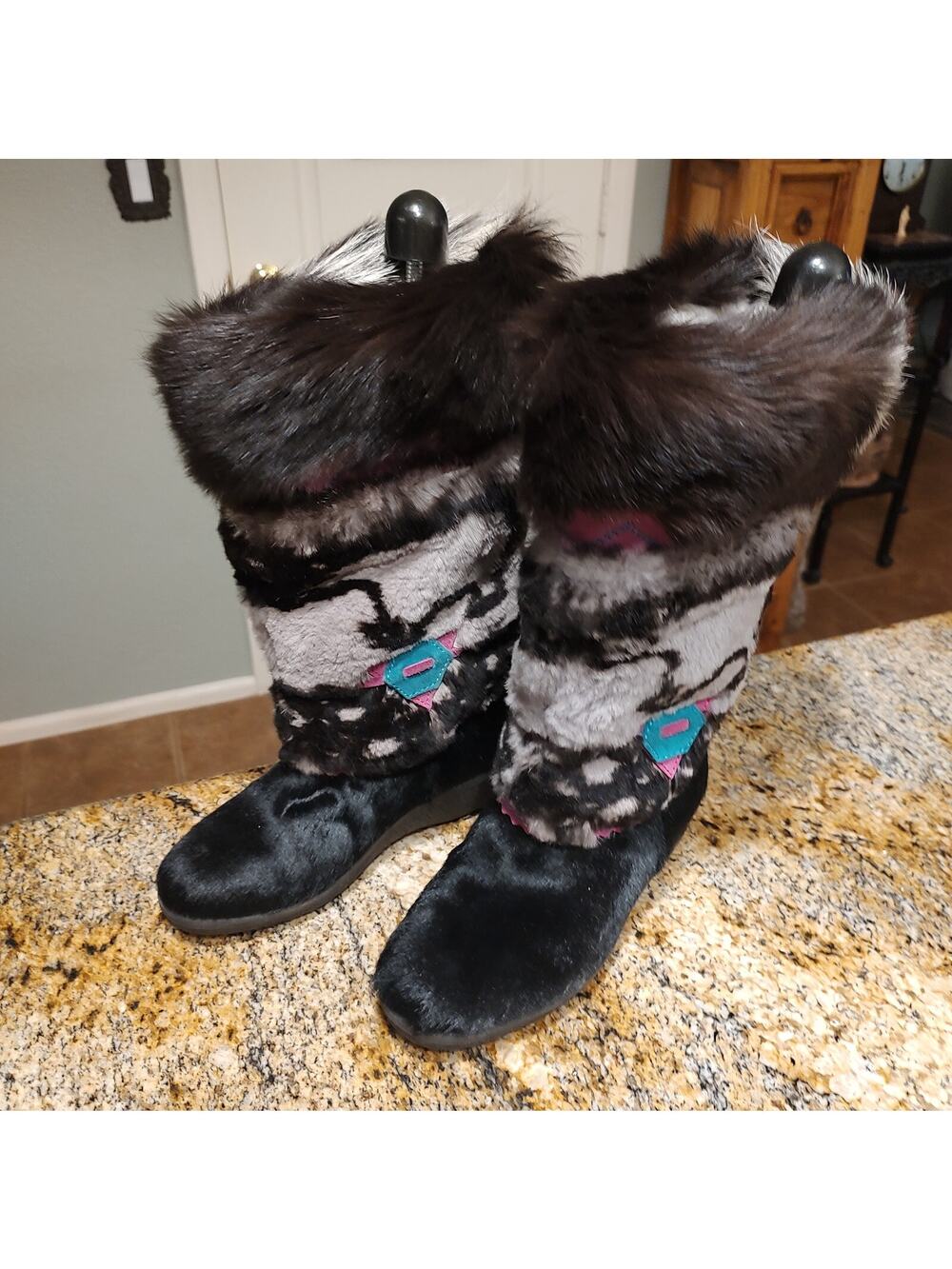 Tecnica Leather Fur Embroidered Boots Mid Calf Multicolor Women's Size US 6.5
